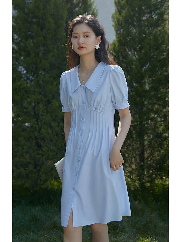 ZIQIAO Summer 2022 New Senior Blue Temperament Shirt Dress Women Waist A-line Solid Color Office Lady Commute Female Skirt