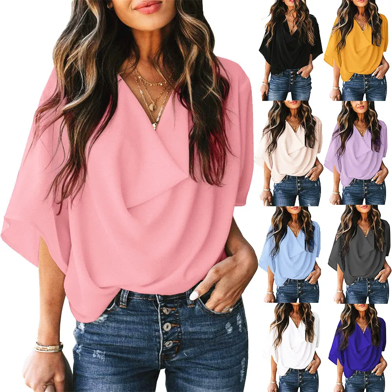 

Новая шифоновая рубашка, свободная повседневная футболка с v-образным вырезом, женские летние модные топы с оборками, рубашки