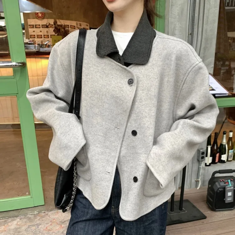 معطف صوفي مزدوج الوجه للنساء كوري أنيق للخريف والشتاء فضفاض بياقة مناسبة وتصميم كلاسيكي بلون Blo مناسب للتنقل