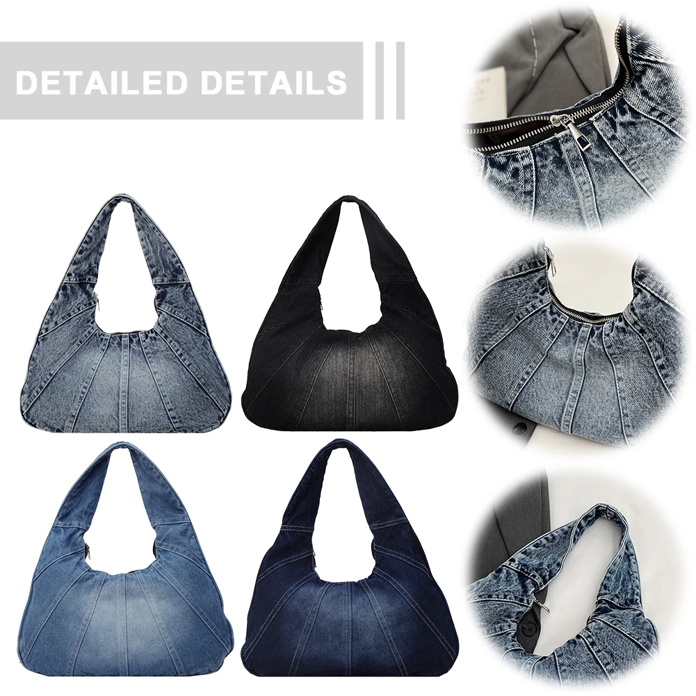 

Women Denim Shoulder Bag with Zipper Underarm Purse Trendy With Pocket Clutch Bag for Work Travel Shopping