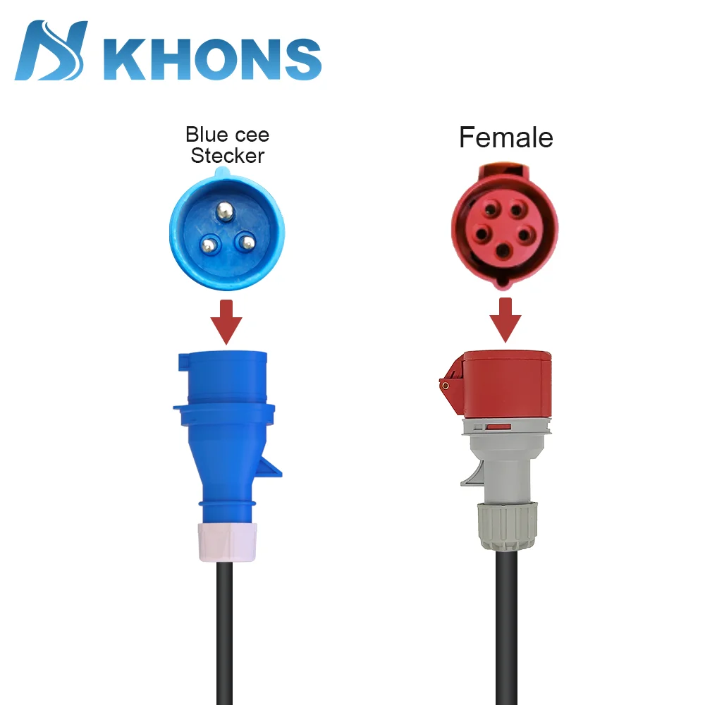 Adaptador de carga KHONS EV convierte conector hembra trifásico CEE rojo 32A a adaptador macho CEE azul monofásico 32A rojo CEE 32A a 16A