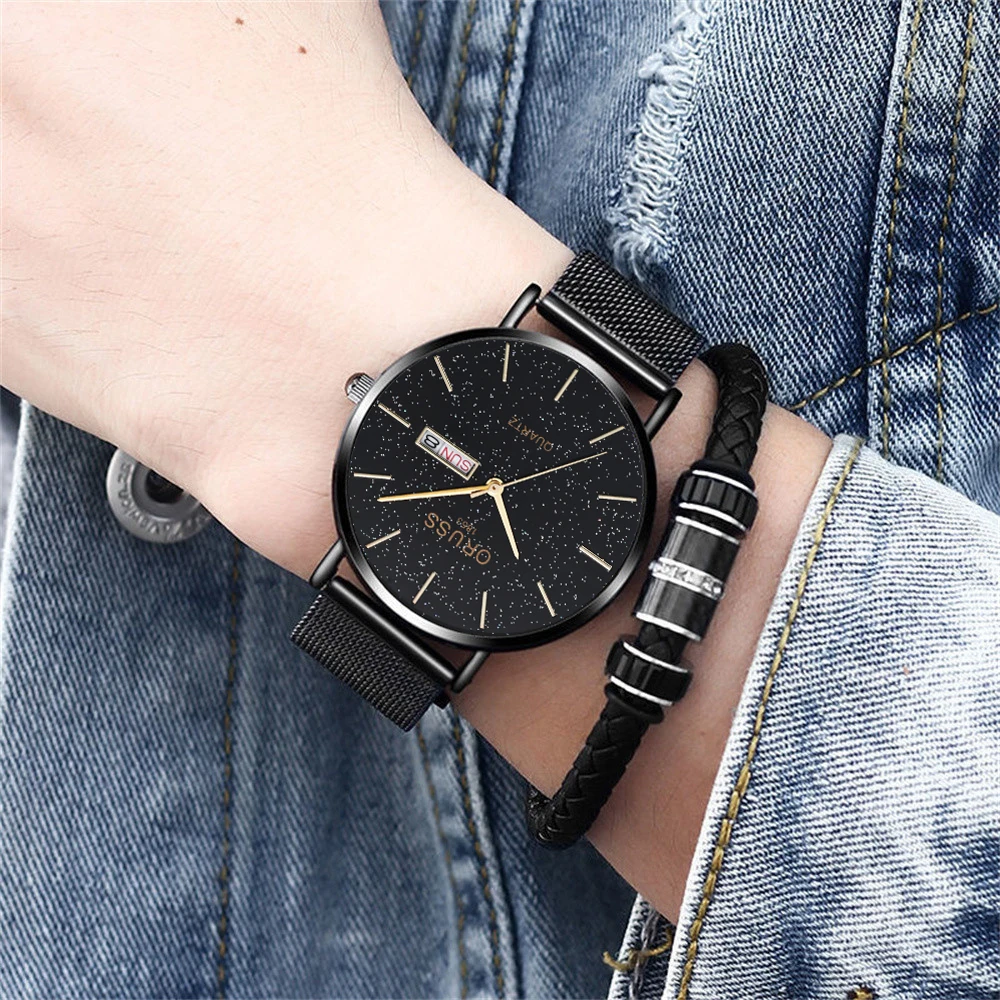 남성용 스타 표면 더블 캘린더 시계, 분위기 등급, 모든 고급 메쉬, 심플 패션