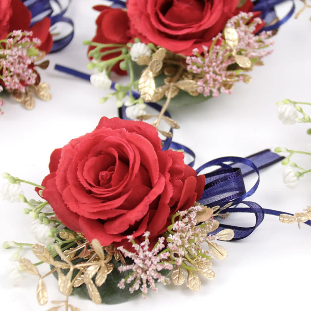 Künstliche rote Blumen Hochzeit Bouton nieres für Brautjungfer Männer Corsage Handgelenk Hochzeits blumen für Gäste Pins Braut Abschluss ball Dekor