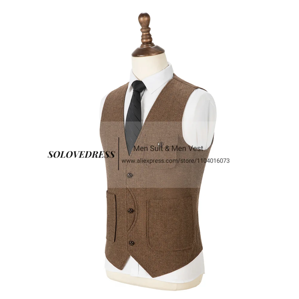 2024 Men\'s Formal Business Suit Vests Wool Slim Fit Single Breasted Herringbone Tweed Western Waistcoat For Wedding