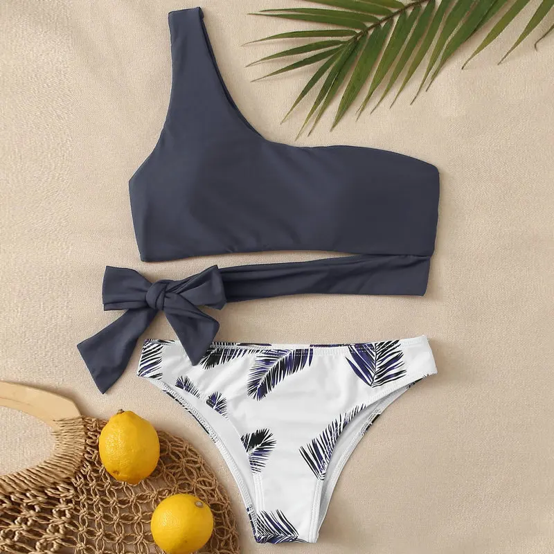 Vintage Klassieke Luipaardprint Badmode Vrouwen Een Schouder Bandage Split Badpak Bikini Set Zomer Tweedelige Strandbadpak