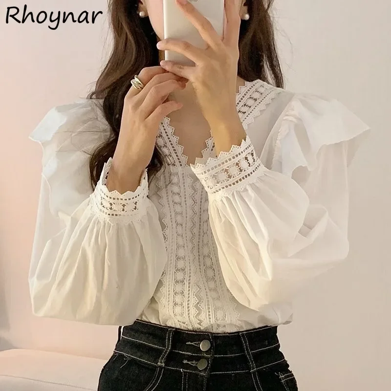 Chic Lace Puff Sleeve V-neck Shirts Women Fashion French Elegant Ruffles Spliced Basic Tops Ladies All-match Solid Mature Gentle