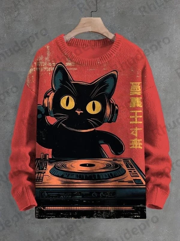 Men's Art Print Knit Pullover Sweater Cool Cat Drinking Coffee Graphic Sweatshirt For Fall With Sunglasses Design Unisex