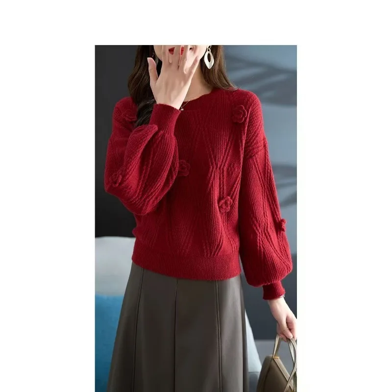 زهرة الخريف والشتاء قاع قميص سترة قاع فانوس فضفاض بلون جولة الرقبة البلوز قمة الموضة