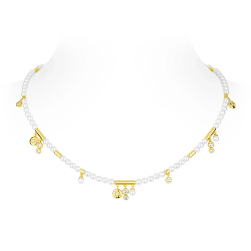 BELLUX Pendant Chain 925 Silver Synthetic Zircon Small Round Bead White Shell Pearl Tassel Vintage Gold Accessory Necklace
