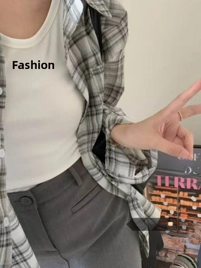 

2026 Lazy Casual Retro Plaid Long Sve irt New Loose Thin Top Sun Protection irt Jaet Trendy Collar Button down