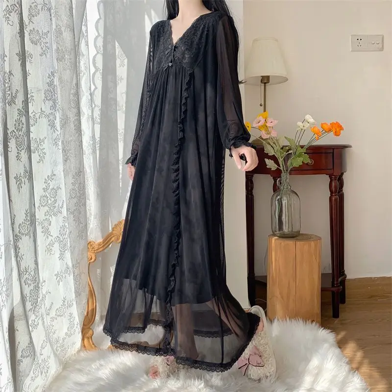 Black Mesh Spring Nightgown Women V-Neck Lace Crochet Long Night Dress Loose Casual Homewear Transparent Vintage Elegant Sexy