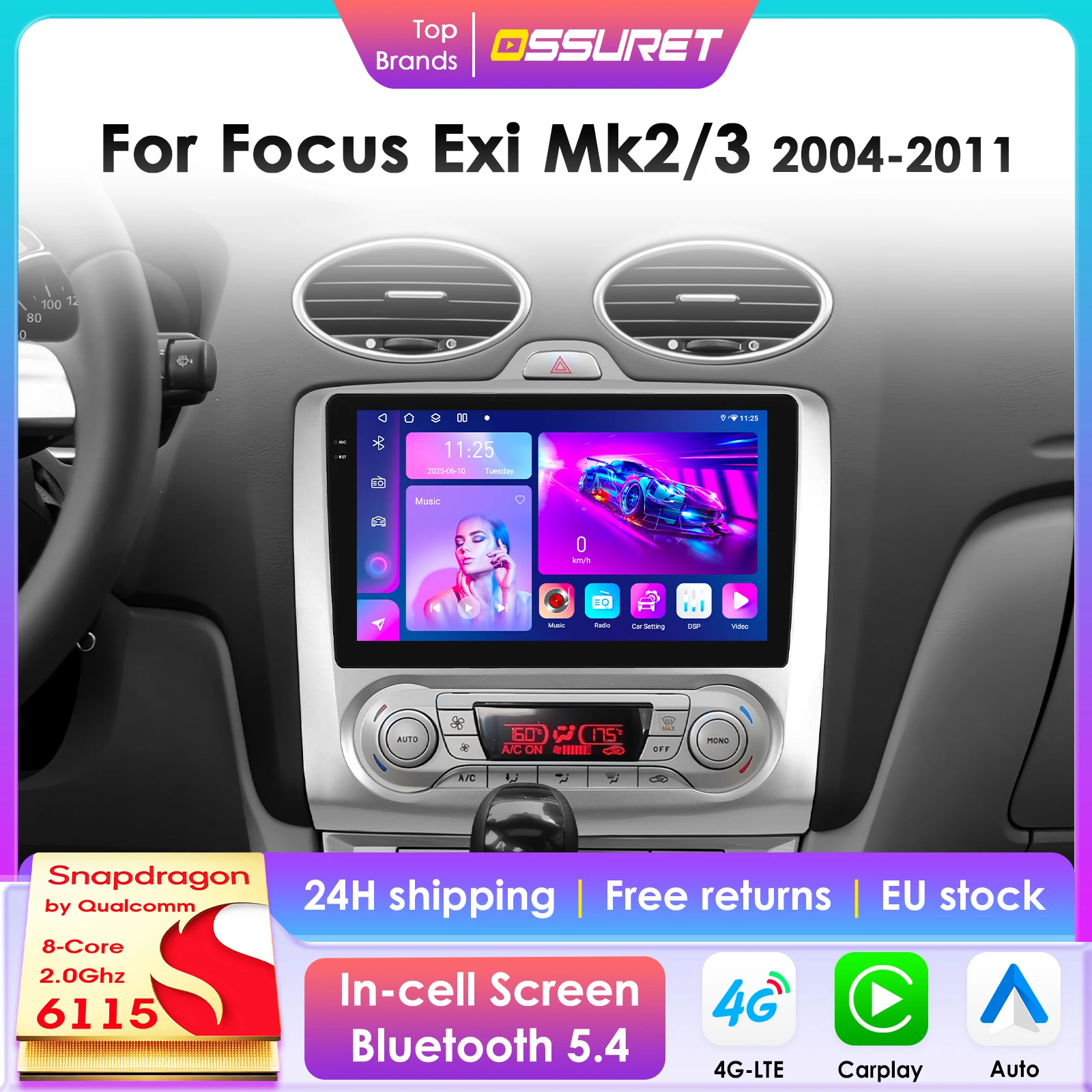 2Din 360 caméra Android13 autoradio pour Ford Focus 2 Mk2 2004-2011 lecteur multimédia de voiture écran Intelligent autoradio Carplay SWC