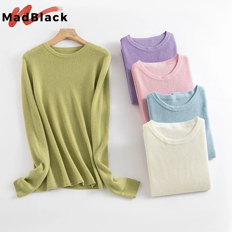

Madblack, 100%Pure Wool Thin Sweater, Women O Neck Long Sleeve, Basics Bottom Knitted Tops, 2025 Winter Autumn Pullover T5N911JF