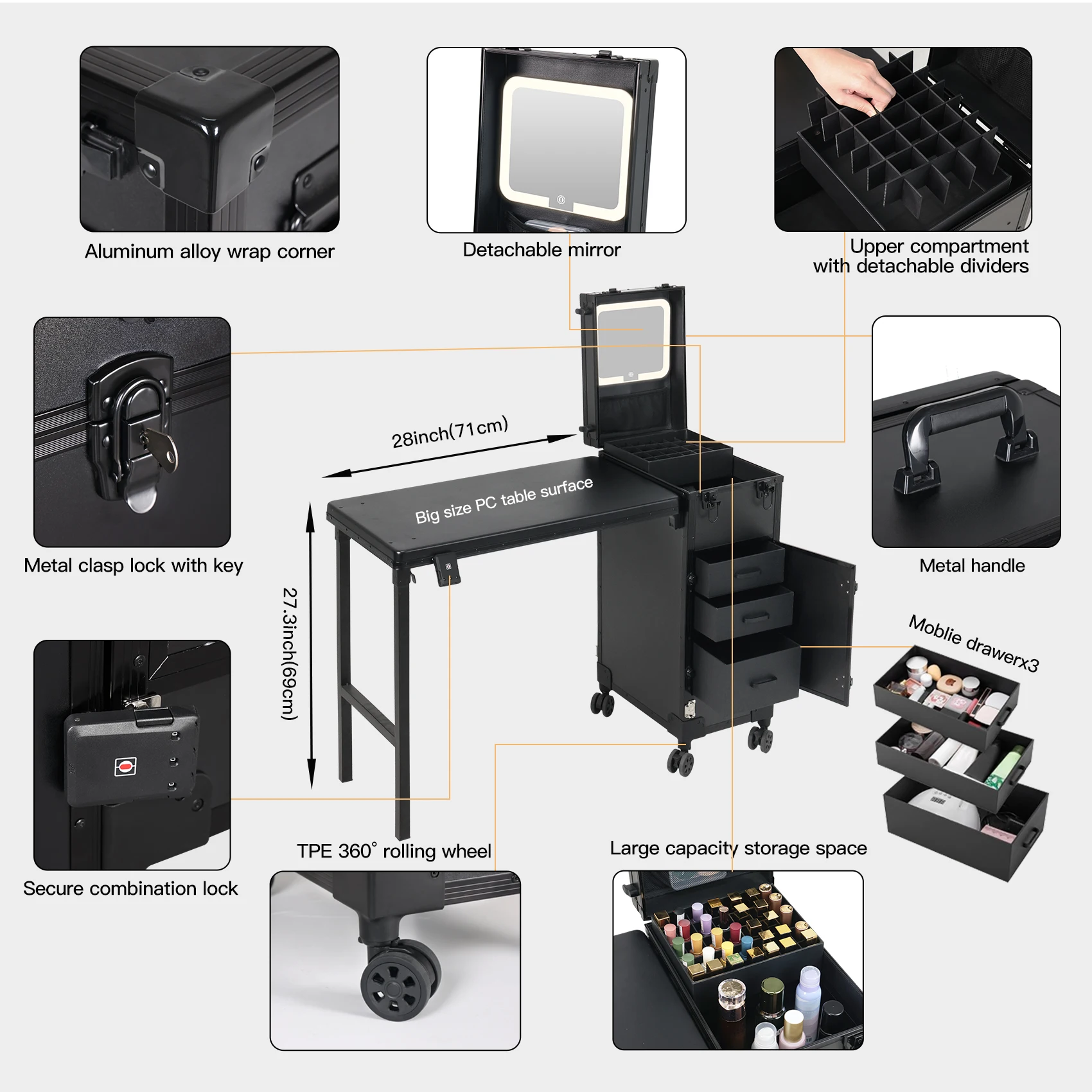 OBOX Manicure Nail Table For Ladies Multiple Layers Fireproof Board With Mirror Stone Pattern Style For Makeup Artist Studio