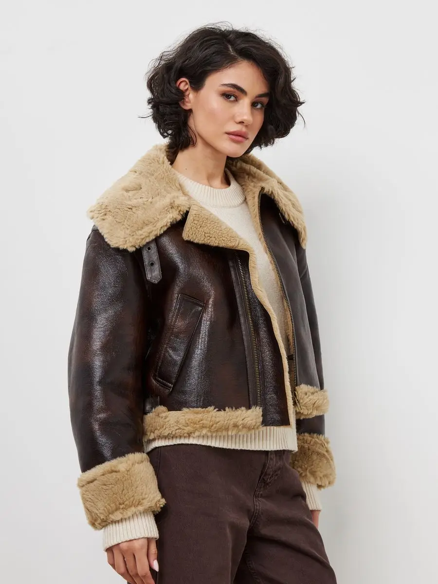 High Street Motorradjacke Fitaylor Winter Damen Kunstpelz Leder Revers Reißverschluss Mantel