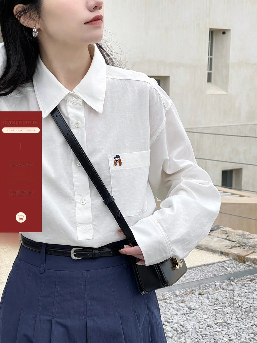 

Rame Embroidered Long Sve irt Lightweight Doggies Baby Pink Casual Sle Women's irt Lyrical Thin Fabric Ladies irt