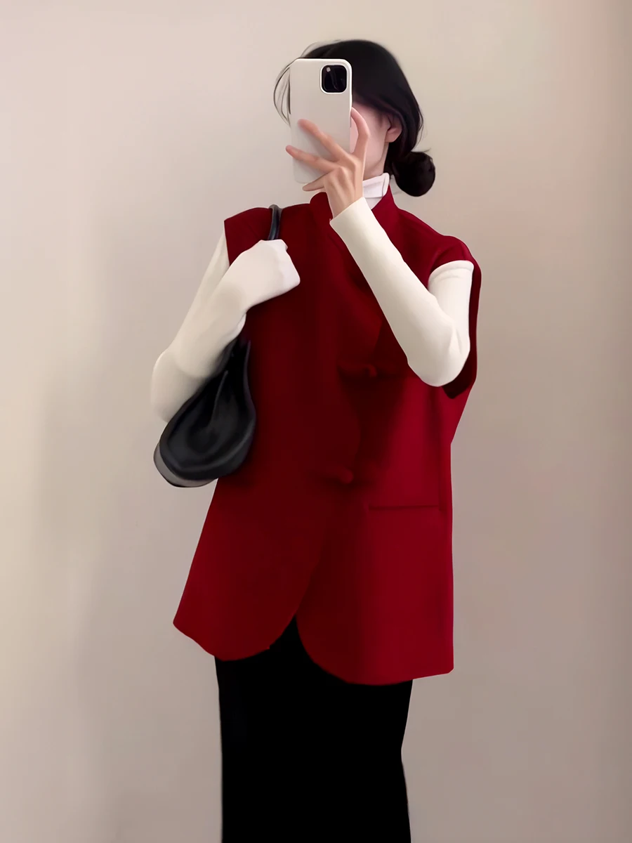 

Красный шерстяной китайский жилет Jaet, женский осенне-зимний жилет Faion Sensation, пальто без тегов, традиционная китайская одежда