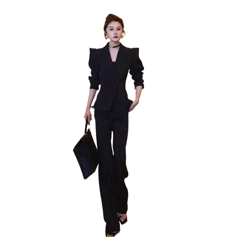 

Полный комплект черных полосатых костюмов, темпераментные профессиональные костюмы, весна-осень, новые популярные легкие роскошные высококачественные женственные костюмы