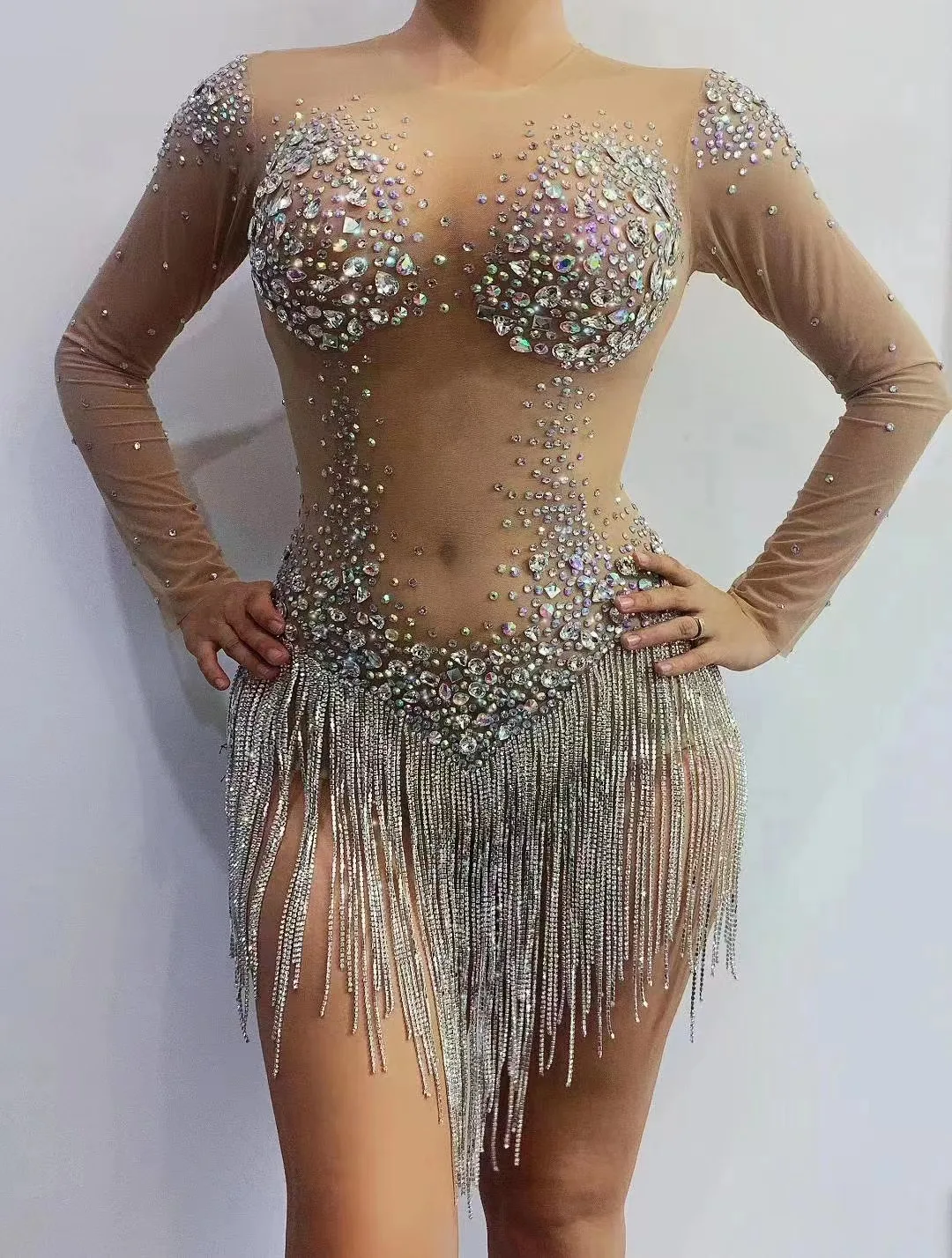 

ShiningSilverRhinestonesTasselCrystalBodysuitSexyMeshTransparentLeotard WomenBirthdayPartyDressSingerDanceCostume