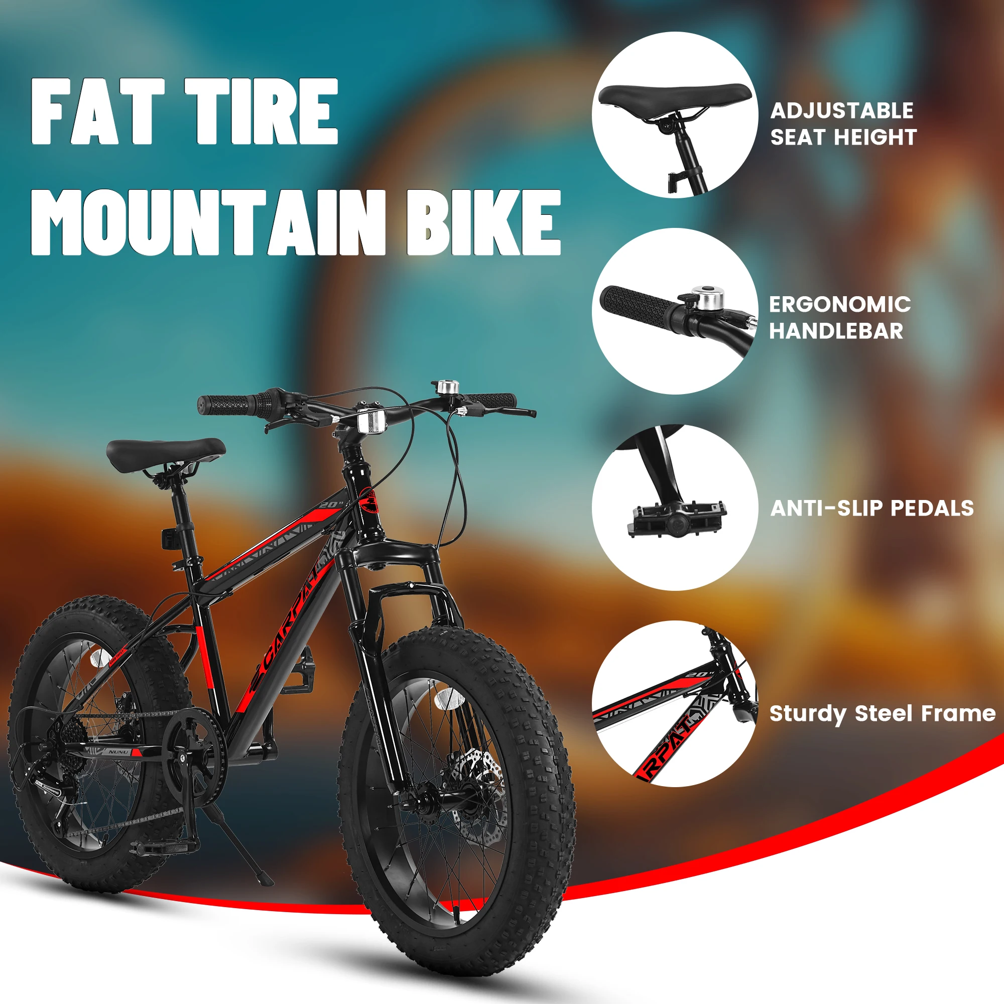 Ecarpat 20 x 4.0 Inch Tire Kids\' Bike, Wide Fat Tire Mountain Bike, 7 Speed for Boys Girls Children Kids\' Bicycles, Steel Frame