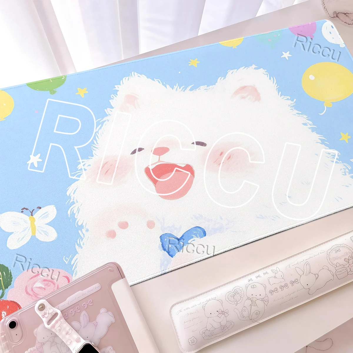 Sweet And Lovely White Kitten Rubber Mousepad Balloon Office Deskmat Butterfly Mouse Pad Computer Keyboard Decoration Carpet XXL