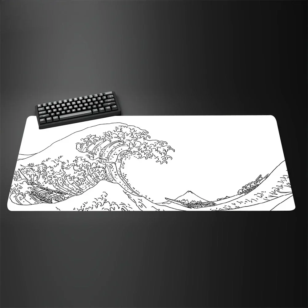 XXL 90x45cm PU Leather Mouse PadBlack and White Giant Wave Keyboard Game Anime Non-slip Leather Art Computer Desk Mat Carpet