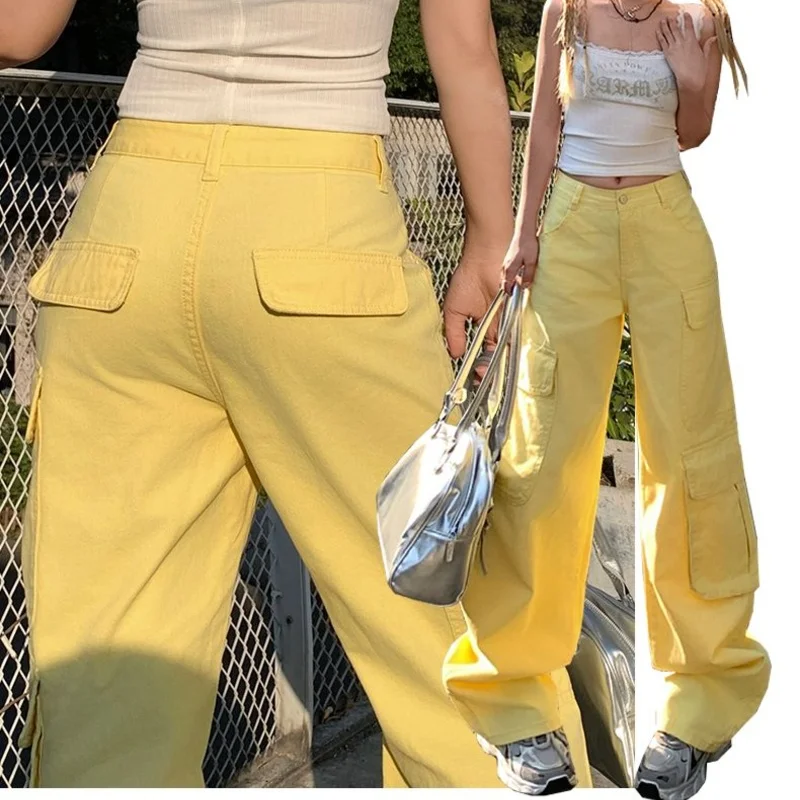 

Желтые прямые джинсы-карго с высокой талией для женщин, в стиле Y2K, уличная мода, повседневные джинсы с большими карманами, мода 2026