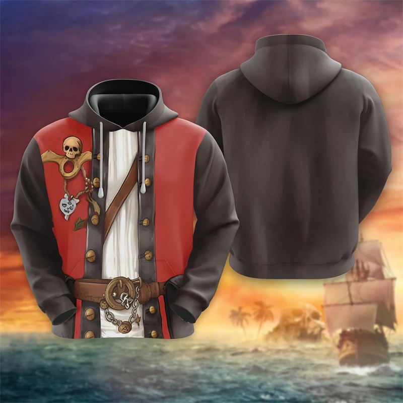 

Vintage Pirate Cosplay Graphic Sweatshirts Casual Boy Streetwear Punk Skull Graphic Sweatshirts Hawaiian Parrot Bird Boat Tops