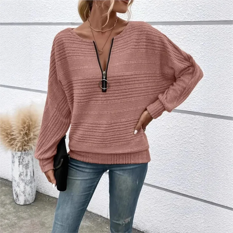 T-shirt à manches longues et fermeture éclair pour femme, Streetwear, décontracté, couleur unie, nouvelle collection automne et hiver