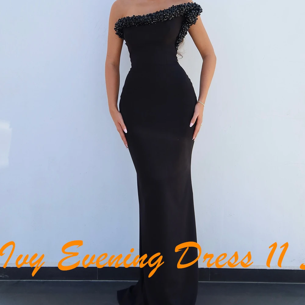 Abito da sera dritto con pieghe di perline alla moda personalizzato Abito da festa nero senza maniche in jersey moderno senza spalline vestidos para mujer