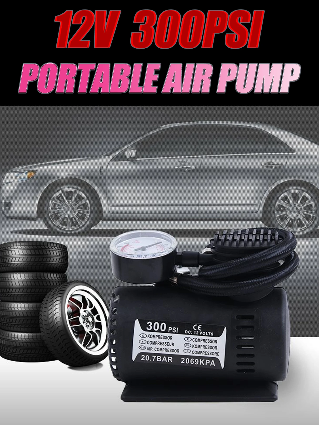 Portable Car Electric Air Pump 12V 300PSI Mini Air Compressor Inflator for Bicycle Tires Ball Suitable Camping Trips Car Tools