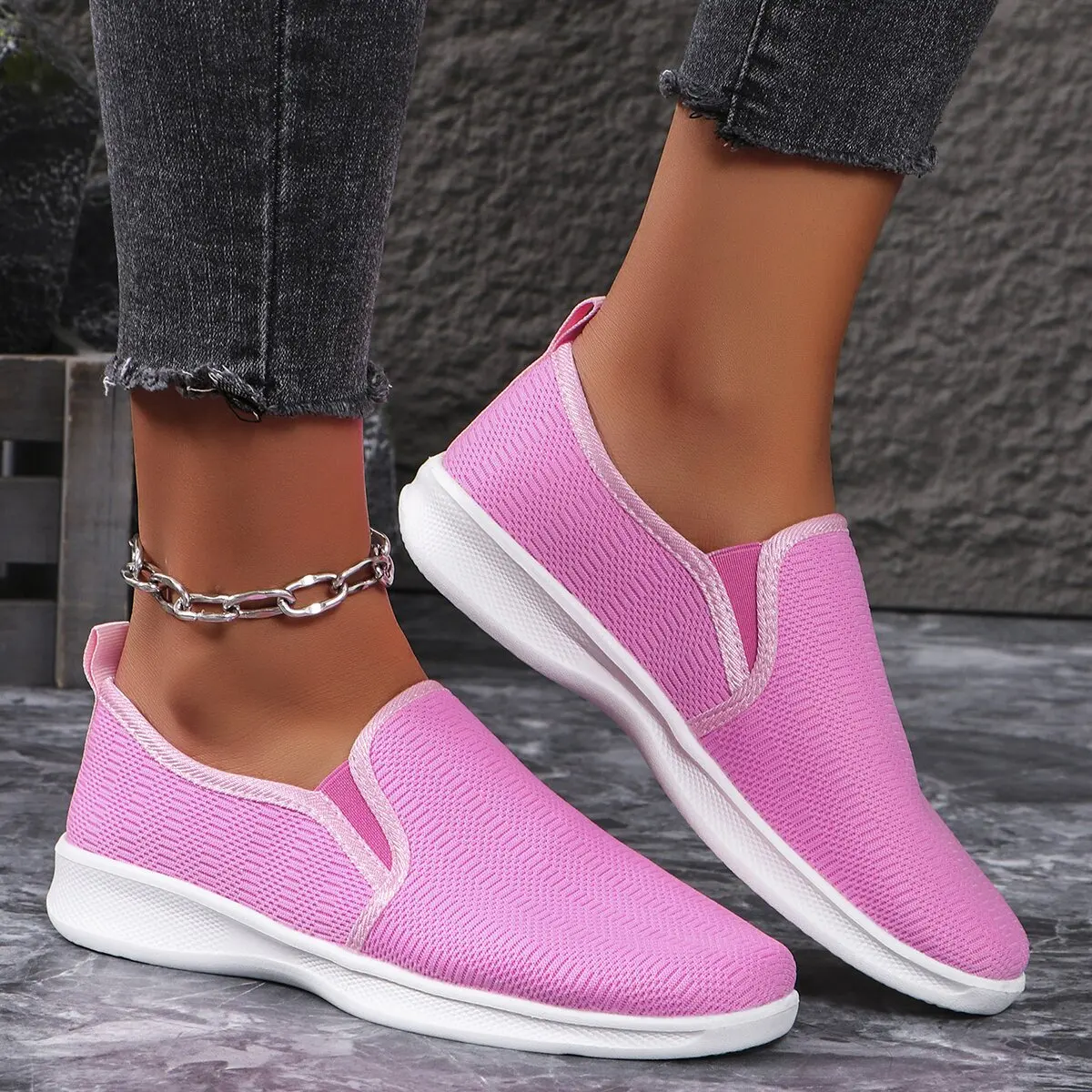 Hot Pink Lightweight Slip On Sneakers Women Mesh Breathable Casual Walking Shoes Woman Plus Size Comfortable Soft Loafers Ladies