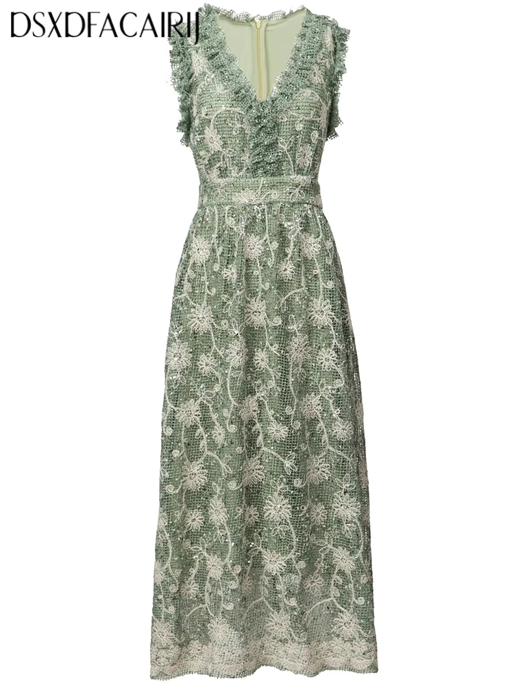 DSXDFACAIRIJ vrouwen V-hals Mouwloos Pailletten Borduren hol Jurk Vintage Party Lange Zomer Mode Vrouwelijke