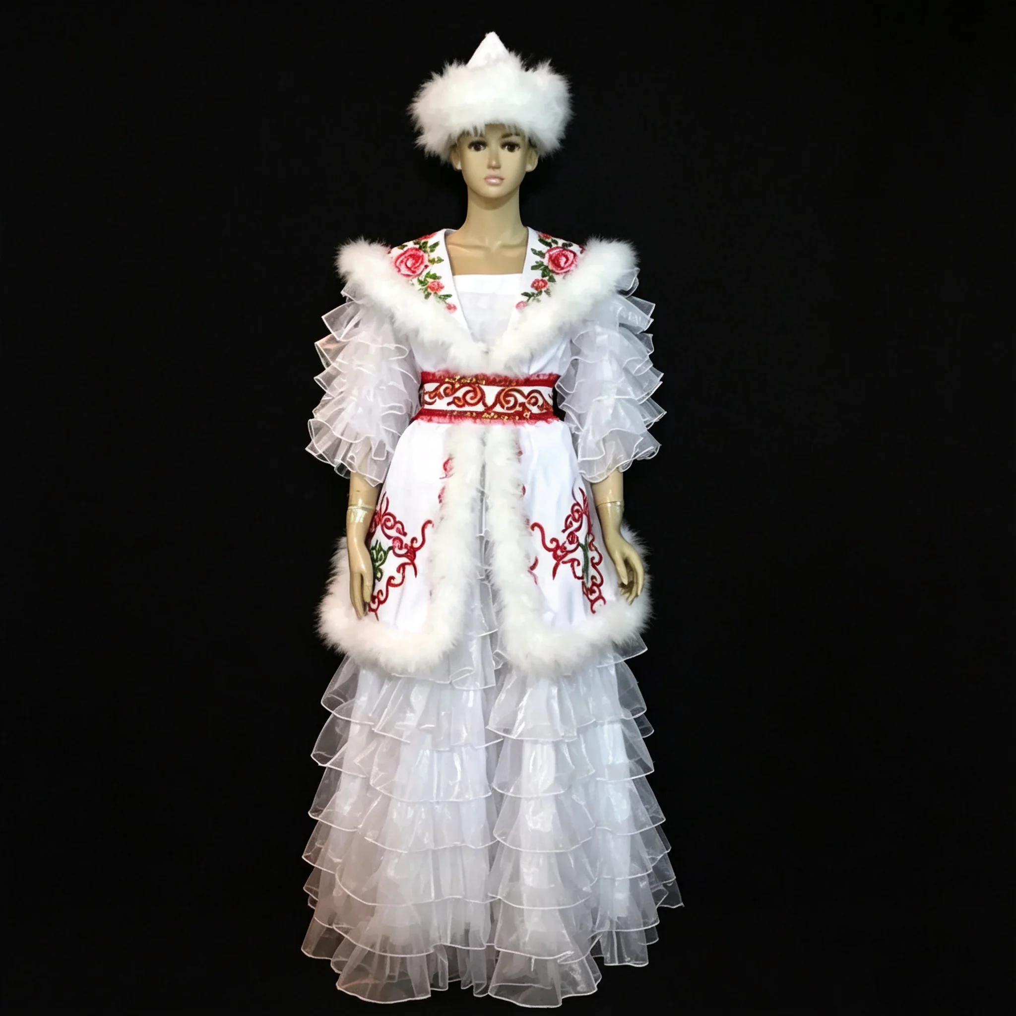 Custom Made Kazakh Ethnic Dance Costume, Women's Traditional Stage Performance Dress with White Artificial Fluff& Embroider