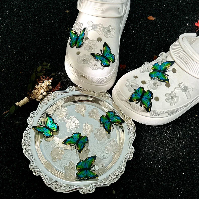 

Green Butterfly Flower Shoe Charms Transparent Clog Shoes Decorations DIY Accessories for Garden Sandals Women Girls Gifts