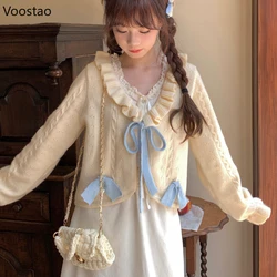 Japanese Sweet Lolita Knitted Cardigan Autumn Winter Women Kawaii Ruffles Collar Bow Sweater Crop Coat Girls Cute Knitwear Tops