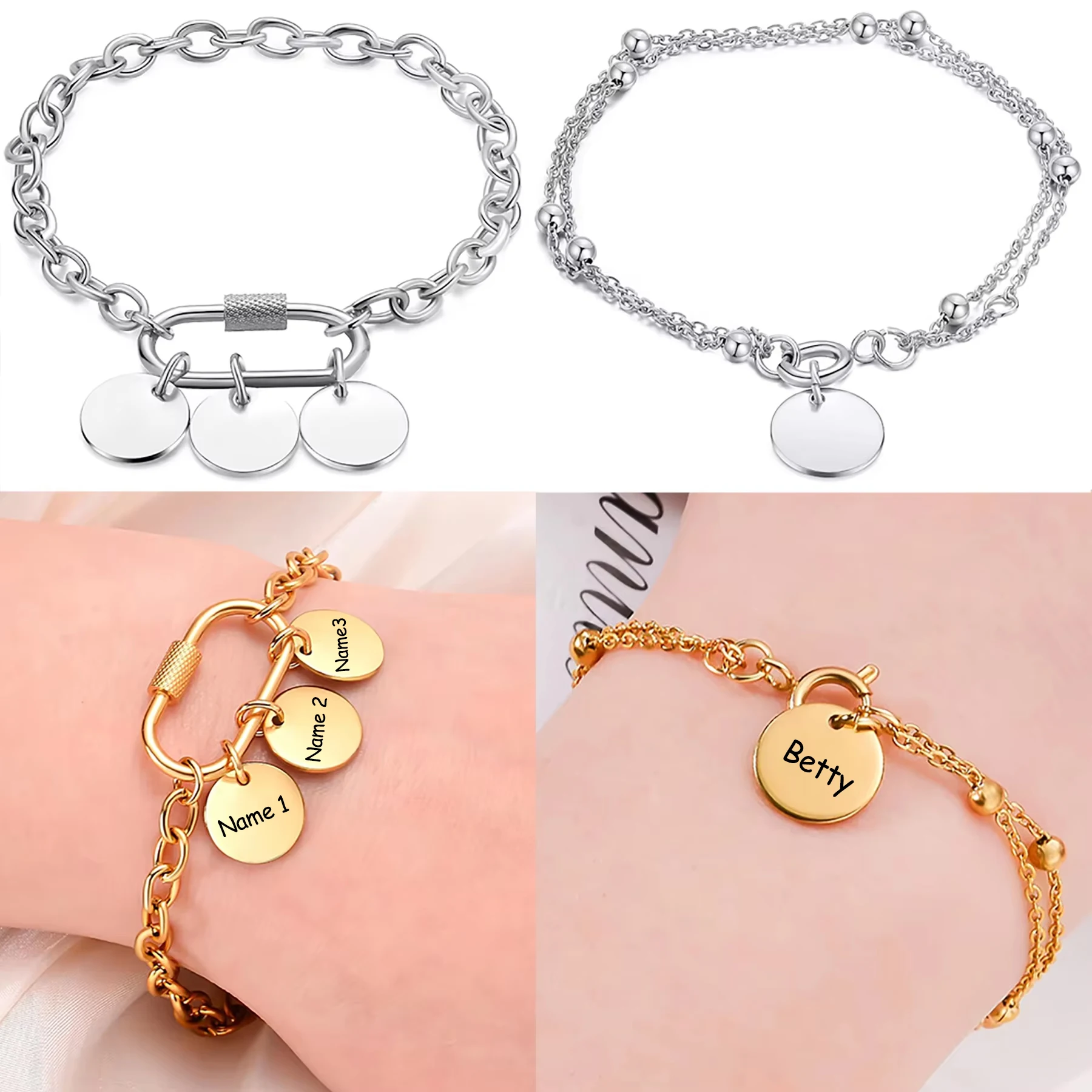 

1Piece Fashion Stainless Steel Bracelets Screw Carabiner Clasp Blank Round Pendant Engrave Name Text BFF Gift