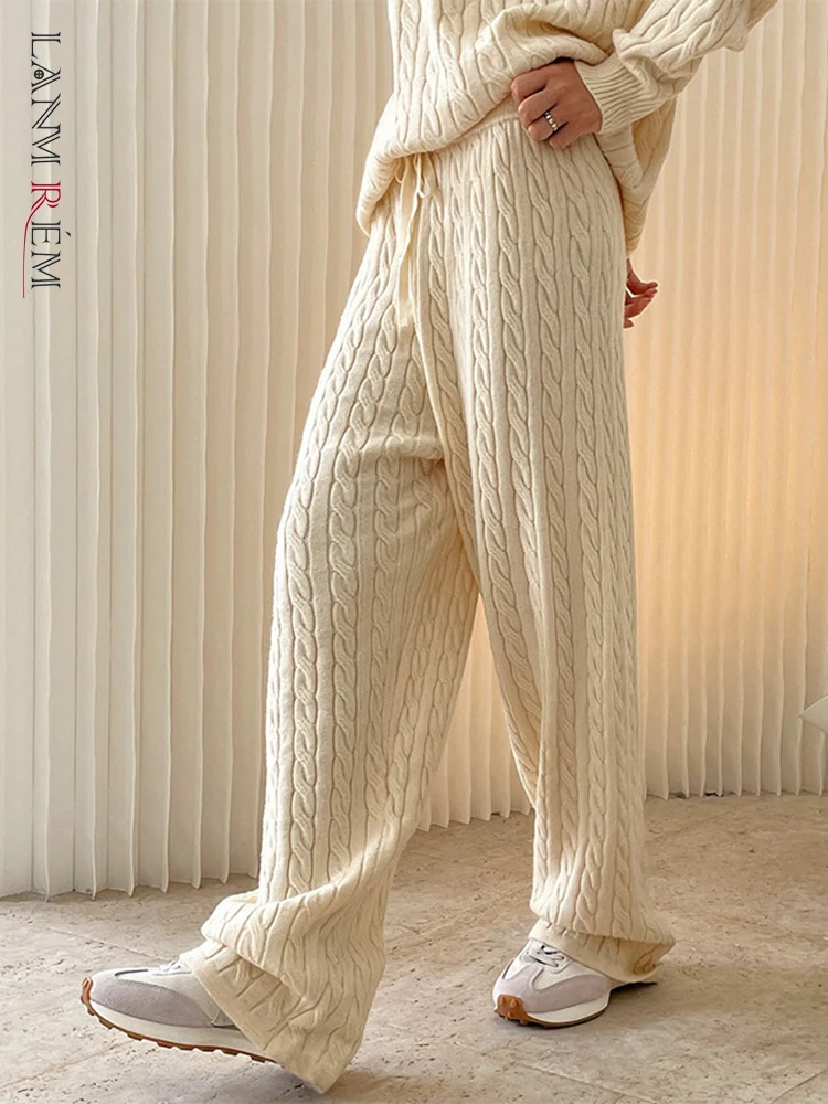 LANMREM 2024 Winter New Korea Comfortable Twisted Flower High Waist Wide Leg Knitted Pants Women Loose Thick Warm Trousers 2C373