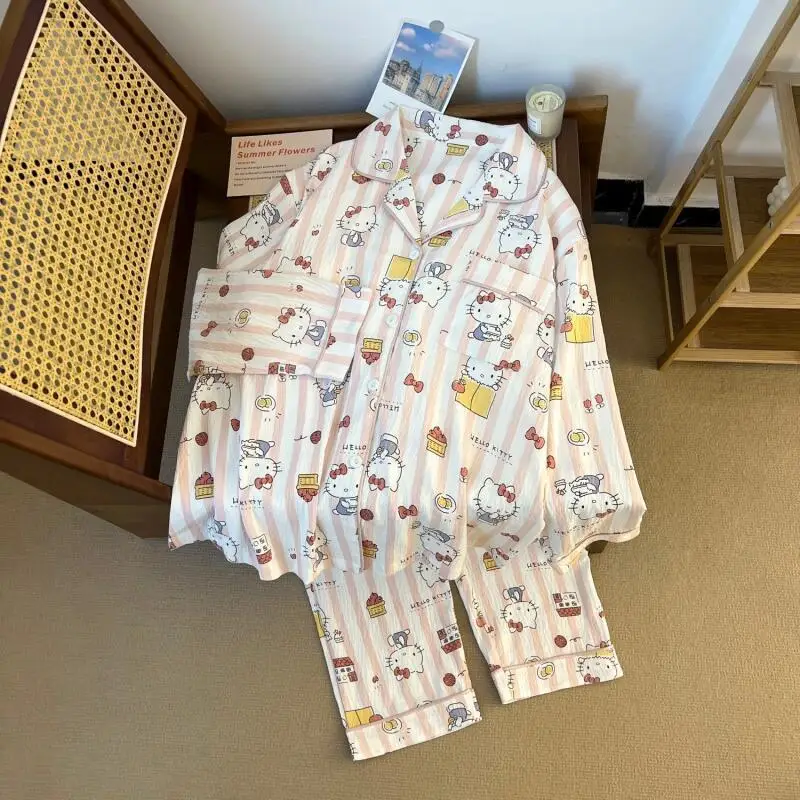 أطقم بيجامات نسائية من سانريو هالو كيتي ملابس نوم غير رسمية للخريف برسوم كارتونية لطيفة بأكمام طويلة ملابس نوم منزلية جديدة