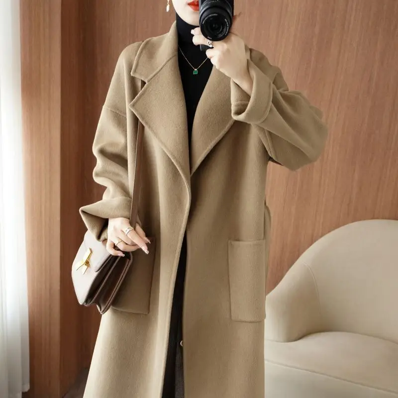 

100% pure wool double-sided woolen cashmere coat women's medium and long loose thickened fat mother covering meat fat mm woolen