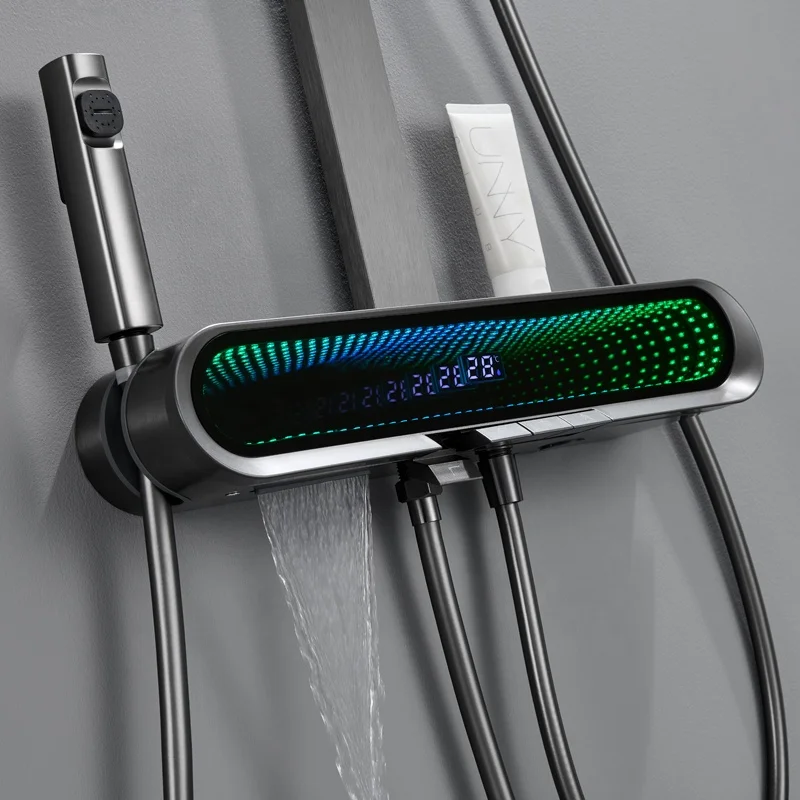 Venta caliente inteligente hogar columna de ducha blanca cascada baño moderno cabezal de ducha termostático tecla de Piano juego de ducha Digital
