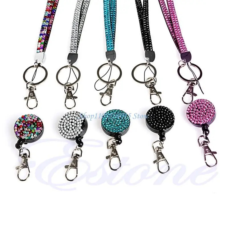 R6FF Resin Diamond Bling Neck Lanyard Retractable Badge Reel Phone for Key Holder