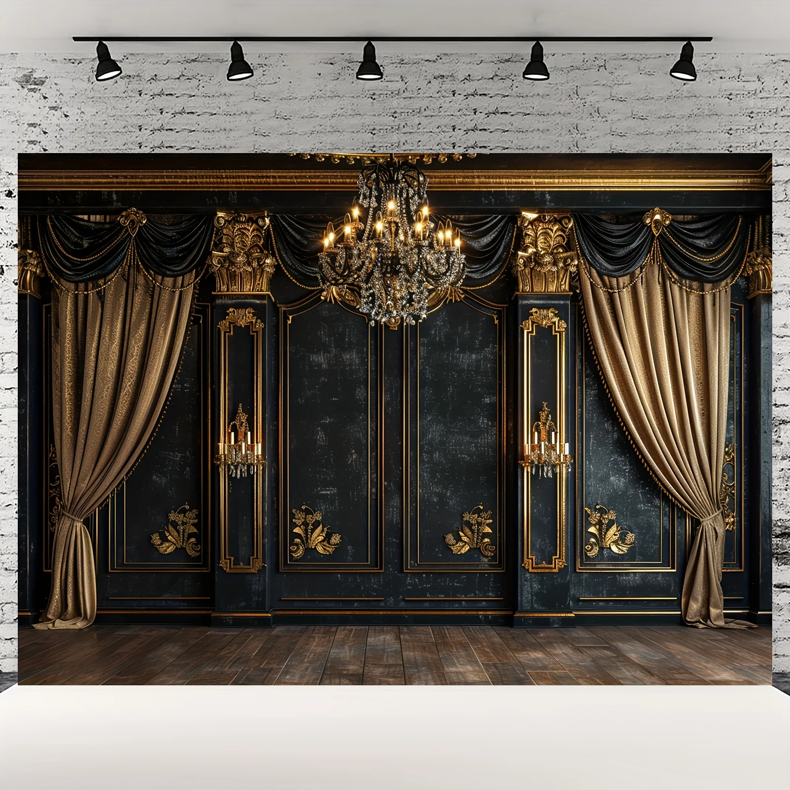 Eleganter goldener Pendelleuchten- und Steinwandhintergrund – multifunktionaler Fotohintergrund, geeignet für Hochzeiten, III
