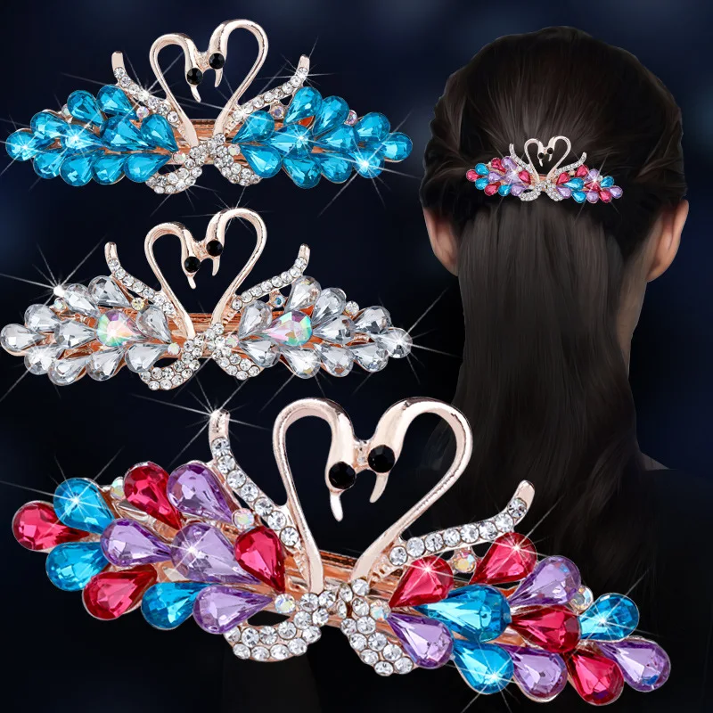 

Korean Luxury Crystal Swan Hair Clips with Rhinestones Glitter Hairpins Bling Barrettes Holder for Women Girls Hair Accessories