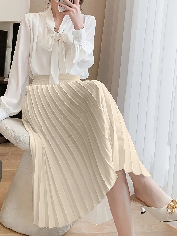 New in Summer Women Vintage Midi Skirt Wide Elastic Waistband High Waist Pleated A-Line Long Skirt Smooth Satin Female Clothing