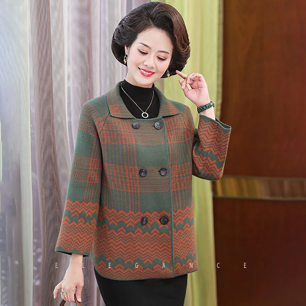 New Spring And Autumn Western-style Large-size Coat Middle-Aged And Elderly Fashion Temperament Slim  Loose Plaid Knit Cardigan.