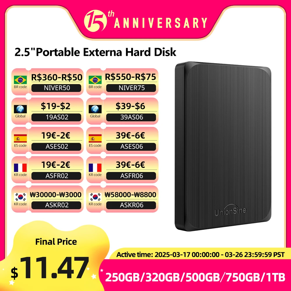 محرك الأقراص الصلبة الخارجي المحمول UnionSine HDD مقاس 2.5 بوصة 1 تيرابايت/750 جيجابايت/500 جيجابايت/250 جيجابايت USB3.0 متوافق مع أجهزة الكمبيوتر الشخصية، ماك، سطح المكتب، ماك بوك، التلفزيون