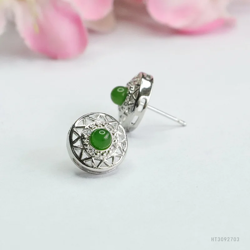 

Natural Hetian jade jasper stud earrings S925 silver needle retro earrings earrings