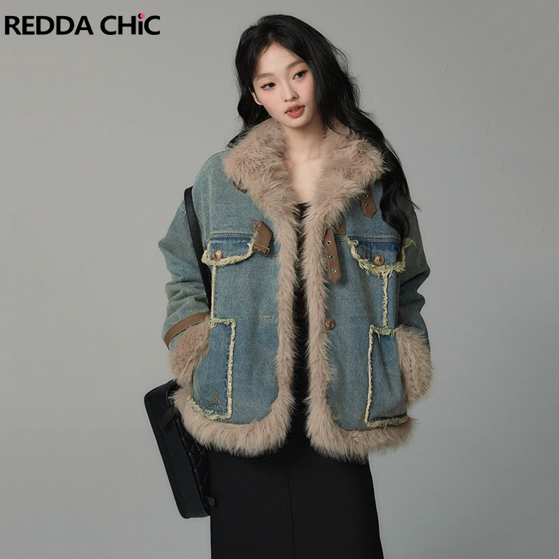 

REDDACHiC Hippie Fuzzy Trim Denim Jacket Women's Coat Faux Fur Patchwork Frayed Casual Warm Winter Outwear Retro Y2k Windbreaker