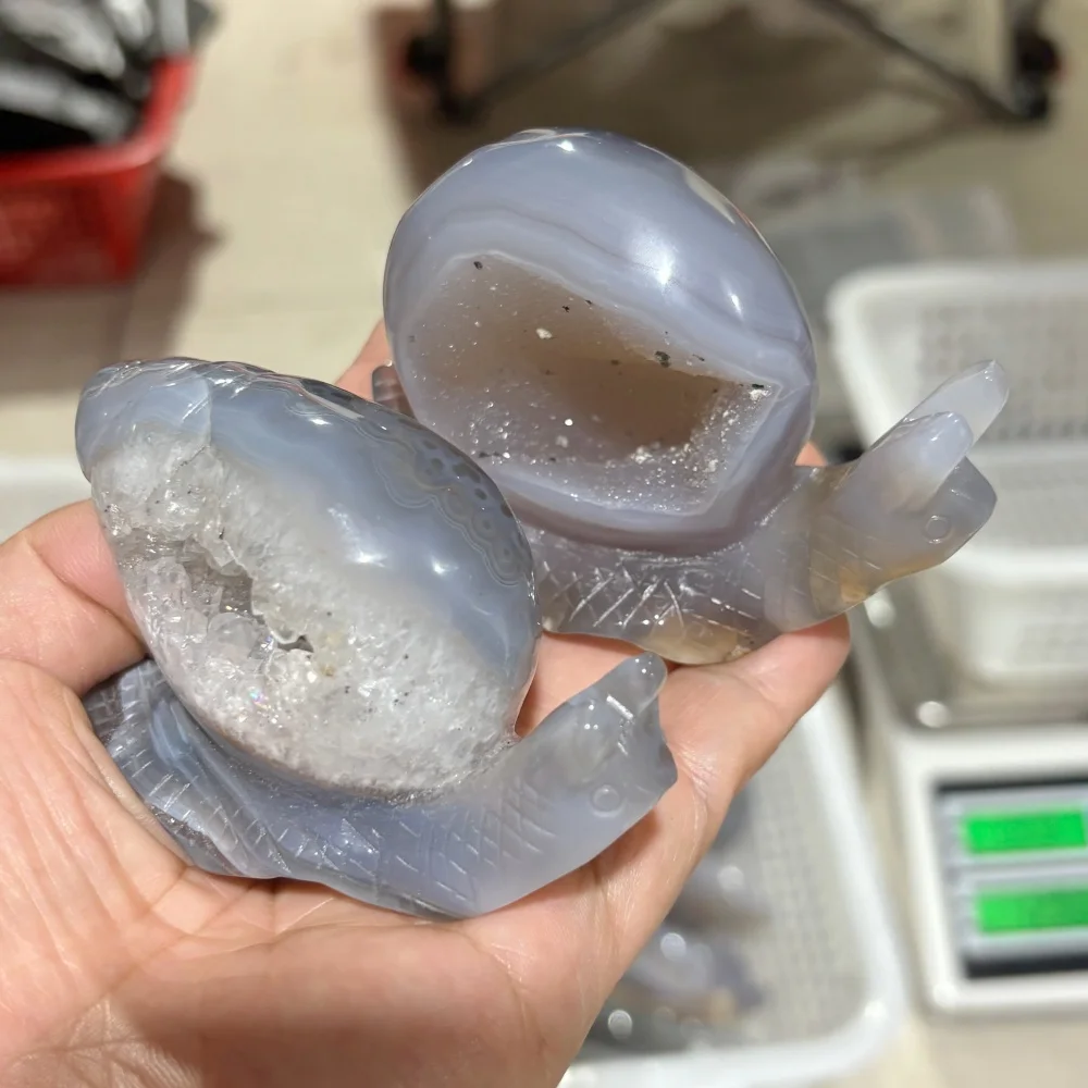 Natural Agate Geode Snail Hand Carved Druzy Quartz Crystal Figurine Reiki Healing Stone Home Desk Decor Gift